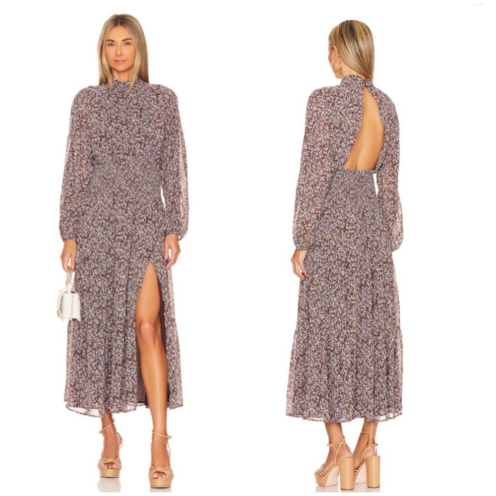 ASTR The Label ~ Smocked Waist Maxi Dress in Brown & Purple Ditsy